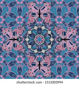 Vector design. Collection of fantasy colorful pictures. Seamless of different multicolored butterflies. Decor on pink, neutral and blue background for clothing style. Vector butterflies for design.