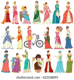 Vector design of collection of vintage Victorian woman