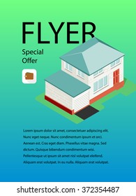 Vector design of color flyer whit isometric building and place for text. Poster template for building business.