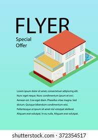 Vector design of color flyer whit isometric building and place for text. Poster template for building business.
