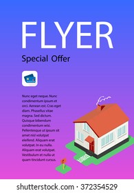 Vector design of color flyer whit isometric building and place for text. Poster template for building business.