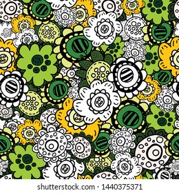 Vector design. Colored seamless pattern with doodle flowers. For covers, printing on fabric.