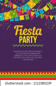 Vector Design Of Colorful Amusing Poster Advertising Fiesta Party On Purple Background With Vivid Flags And Ornaments