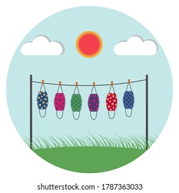 Vector design. The colorful cloth face mask is hanging for sunlight get dried after used and washed. Reuse after cleanness for protect virus. 