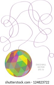 vector design with colorful disco ball on thin tangled string and place for your text isolated on white background