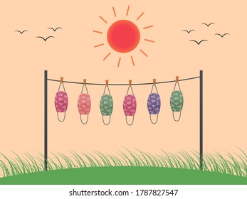 Vector design. The colorful flowers pattern cloth face mask is hanging for sunlight get dried after used and washed. Reuse after cleanness for protect virus. 