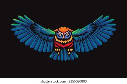 Ein Vektordesign einer bunter, fliegenden Schüssel mit offenen Flügeln auf dunklem Hintergrund