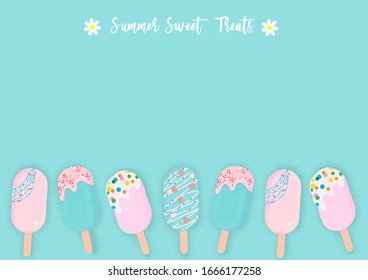 A vector design of colorful icecream on a light blue background and 'Summer Sweet Treats' text