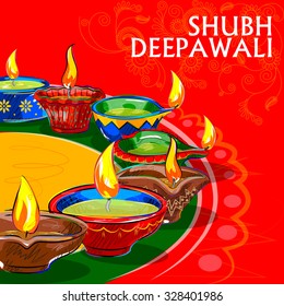 Vector design of colorful painted diya for Happy Diwali decoration