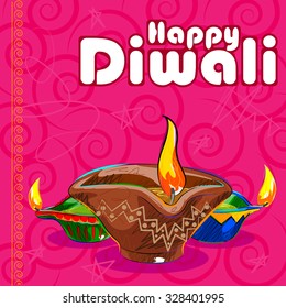 Vector design of colorful painted diya for Happy Diwali decoration