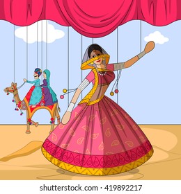 Vector design of colorful Rajasthani Puppet doing Ghoomar folk dance of Rajasthan, India
