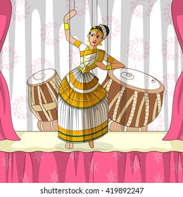 Vector design of colorful Rajasthani Puppet doing Mohiniattam classical dance of Kerala, India
