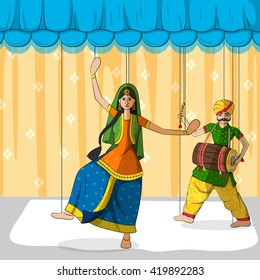 Vector design of colorful Rajasthani Puppet doing Bhangra folk dance of Punjab, India

