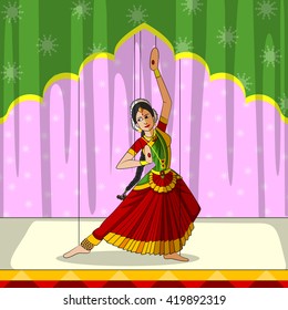 Vector design of colorful Rajasthani Puppet doing Bharatanatyam classical dance of Tamil Nadu, India