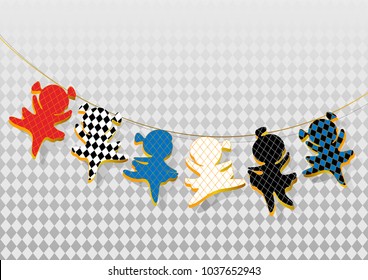 Vector design concept beads dancing little multi-colored girls baby and thread. Six Silhouettes with a pattern of rhombus and gold .The shadow on a rhombus geometric abstract gray white background iso