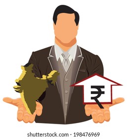 Vector design concept of businessman in suit with his open hand over with 3d Indian map isolated on white background in EPS10. Vector concept of addiction to choose investment ideas and growth.