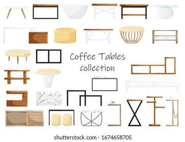 Vector design concept of coffee table collection isolated on white background. Home furniture in cartoon flat style. Desk with glass, wooden, marble textures. Interior elements in realistic loft style