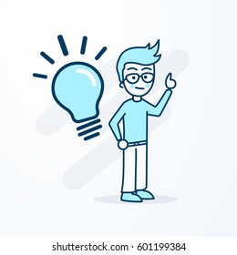Vector design concept hand drawn doodle illustration cartoon man with glasses, have an idea, thought, brainstorming emotions, emoji and avatar