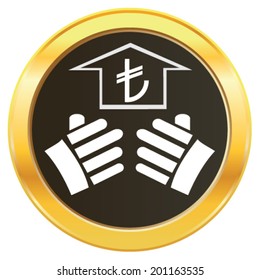Vector design concept of hand lifting the growth of Turkey currency symbol lira representing money on golden web button icon. Vector concept of addiction to choose investment ideas and growth. 