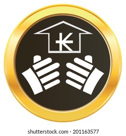 Vector design concept of hand lifting the growth of Laos currency symbol Lao kip  representing money on golden web button icon. Vector concept of addiction to choose investment ideas and growth. 