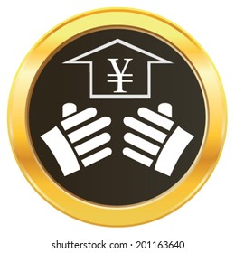 Vector design concept of hand lifting the growth of Japan currency symbol Japanese yen representing money on golden web button icon. Vector concept of addiction to choose investment ideas and growth. 