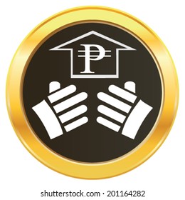 Vector design concept of hand lifting the growth of currency symbol peso representing money on golden web button icon. Vector concept of addiction to choose investment ideas and growth. 