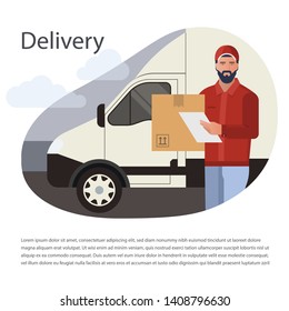 Vector design concept with illustration of a bearded courier man from a cargo delivery service on the background of a truck. There is a place for the title and text. Delivery banner design.