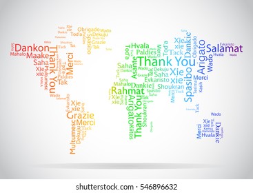 Vector design concept for International Thank You Day or Thanksgiving Day. Colorful multilingual Thank You word cloud made in the form of a world map.
