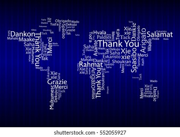 Vector design concept for International Thank You Day or Thanksgiving Day. Multilingual Thank You word cloud made in the form of a world map.
