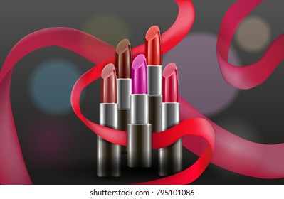 Vector design concept with lipsticks on dark background. Makeup cosmetic design