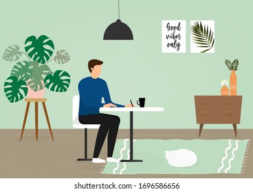 A vector design concept of a man is working remotely from home