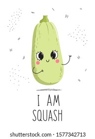 Vector design concept postcard with a cute vegetable with the inscription: I am squash. Illustration of a vegetable isolated on a white background with the texture of dots and dashes.