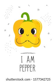 Vector design concept postcard with a cute vegetable with the inscription: I am pepper. Illustration of a vegetable isolated on a white background with the texture of dots and dashes.