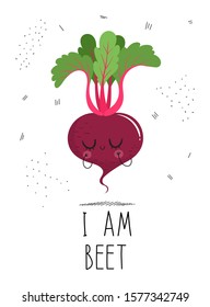 Vector design concept postcard with a cute vegetable with the inscription: I am beet. Illustration of a vegetable isolated on a white background with the texture of dots and dashes.