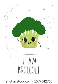 Vector design concept postcard with a cute vegetable with the inscription: I am broccoli. Illustration of a vegetable isolated on a white background with the texture of dots and dashes.