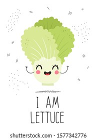 Vector design concept postcard with a cute vegetable with the inscription: I am lettuce. Illustration of a vegetable isolated on a white background with the texture of dots and dashes.