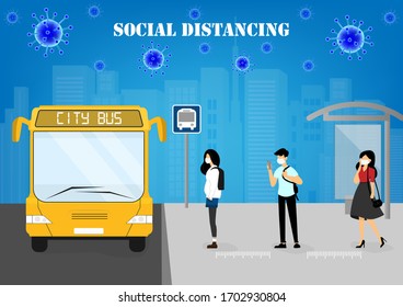 A vector design concept of Social Distancing during Corona virus outbreak at the bus stop_people are waiting for the city bus