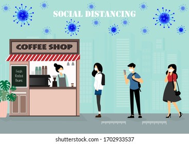 A vector design concept of Social Distancing during Corona virus outbreak at the coffee shop_people are in the line waiting for buying coffee