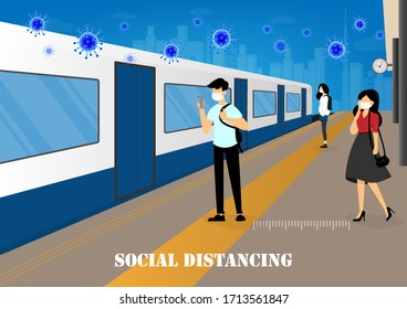 A Vector Design Concept Of Social Distancing During Coronavirus Outbreak At The Sky Train Station_poeple Are Wating For The Sky Train In The City.