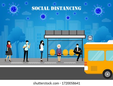 A Vector Design Concept Of Social Distancing During Coronavirus (Covid-19) Outbreak At The Bus Stop_poeple Are Waiting For The Bus Illustration.