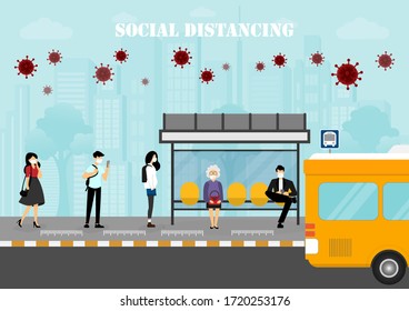 A vector design concept of Social Distancing during Coronavirus (Covid-19) outbreak at the bus stop_poeple are waiting for the bus illustration.