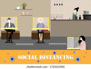 A vector design concept of Social Distancing during Coronavirus (Covid-19) outbreak in the coffee shop. Isolated seats in the coffee shop illustration.