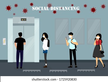 A vector design concept of Social Distancing when waiting for the elevator during Coronavirus (Covid-19) pandemic. People maintain social distancing in the line illustration.