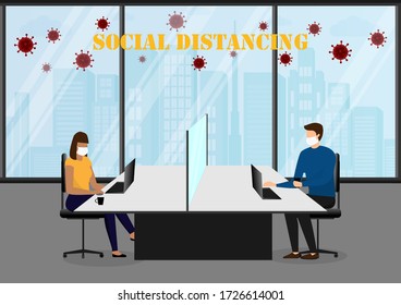 A vector design concept of Social Distancing during Coronavirus (Covid-19) outbreak in the office. Isolated working seats in the office illustration.