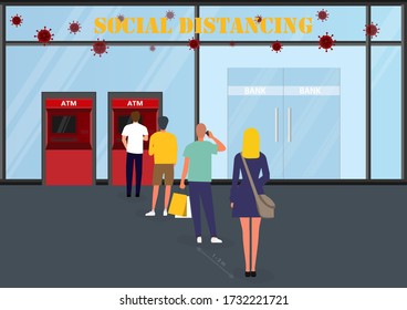 A Vector Design Concept Of Social Distancing During Coronavirus (Covid-19) Outbreak At The Bank. People Queue Up To Withdraw Money From The ATM Illustration.