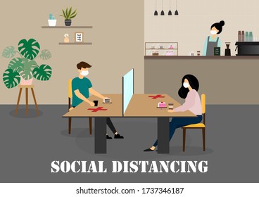 A vector design concept of Social Distancing during Coronavirus (Covid-19) outbreak in the coffee shop. Isolated seats in the coffee shop illustration.
