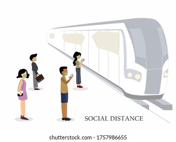 A Vector Design Concept Of Social Distancing During Coronavirus Outbreak At The Sky Train Station_poeple Are Wating For The Sky Train In The City.