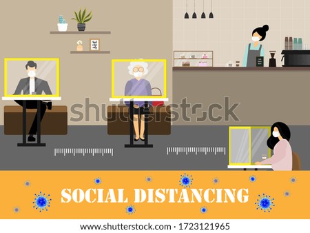A vector design concept of Social Distancing during Coronavirus (Covid-19) outbreak in the coffee shop. Isolated seats in the coffee shop illustration.