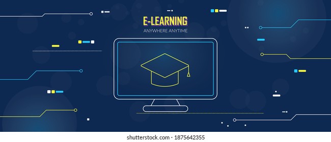 Vector design concept template for web banner, e-learning, online learning anywhere anytime. Computer, monitor illustration. Dark background with bright elements stylized as microcircuits. Copyspace.