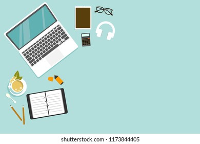Vector design concept of Top view working desk. Lifestyle of today's working people.